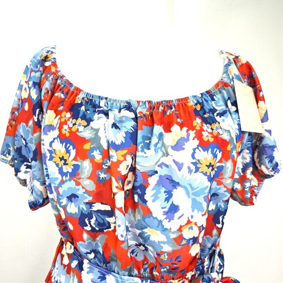 NWT Kittenish Orange Blue Off Shoulder Knot Puff Sleeve Dress - Picture 3 of 9